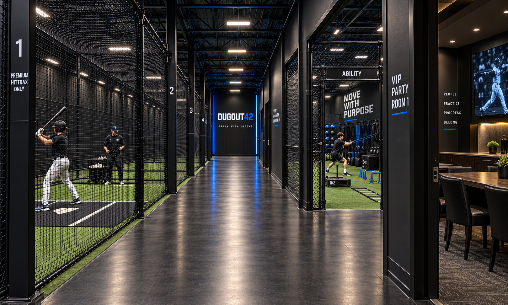Dugout 42 concept rendering with batting cages, an agility area, and party rooms