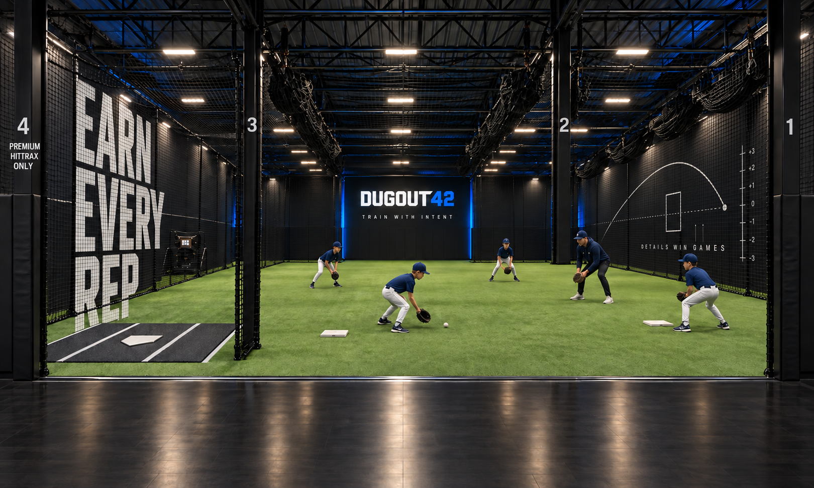 Dugout 42 concept rendering of an open indoor baseball field with retractable netting