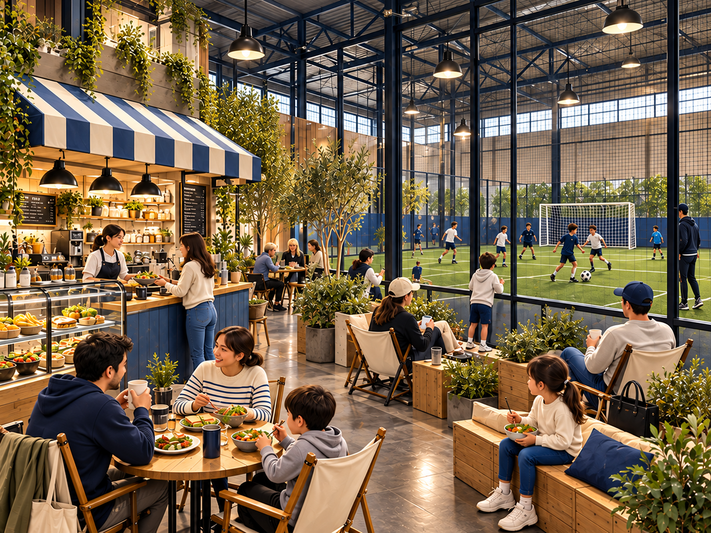 Fuel Bar concept with a café, family seating, and views onto the indoor playing field
